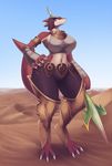  anthro big_breasts blue_eyes breasts camel_toe claws desert ever_oasis female lizard melee_weapon miura mrsk murasuke nintendo polearm reptile sand scalie solo spear toe_claws video_games weapon 