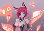  amputee animal_ears bare_shoulders blue_eyes blush breasts cat_ears cleavage collar collarbone dark_skin eyepatch grey_background holographic_interface large_breasts navel original parted_lips pink_hair short_hair simple_background solo symbol-shaped_pupils upper_body wire zeolch 