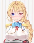  aiguillette blonde_hair blue_eyes blush braid breasts crossed_arms heterochromia highres jeanne_d'arc_(zhan_jian_shao_nyu) ji_dao_ji large_breasts long_hair looking_at_viewer medal military military_uniform red_eyes single_braid solo taut_clothes uniform upper_body zhan_jian_shao_nyu 