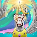  2016 aerostoner blue_background crown equine female feral friendship_is_magic fur hair horn insane jewelry looking_at_viewer magic mammal multicolored_hair my_little_pony necklace portrait princess_celestia_(mlp) purple_eyes royalty simple_background smile solo spread_wings what wheres_your_god_now white_fur winged_unicorn wings 