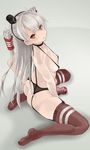  amatsukaze_(kantai_collection) artificial_vagina ass between_legs black_hat breasts brown_eyes closed_mouth covered_nipples expressionless from_behind full_body garter_belt grey_background hair_tubes hairband hand_on_hip hat highres kantai_collection kurorichin long_hair looking_back mini_hat nude red_legwear silver_hair simple_background sitting small_breasts solo spread_legs thighhighs very_long_hair wariza 