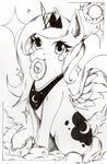  2015 aerostoner black_and_white crown cutie_mark doughnut equine feathered_wings feathers female feral food friendship_is_magic fur hair hi_res horn jewelry looking_at_viewer mammal monochrome my_little_pony necklace princess_luna_(mlp) solo spread_wings winged_unicorn wings young 