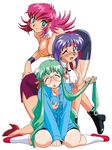  aqua_eyes blush breast_grab breasts bright_pupils closed_eyes glasses grabbing green_hair hand_on_ass kneeling large_breasts leaning_forward lilia_milcrabe long_hair long_sleeves looking_at_viewer multiple_girls official_art one_eye_closed pencil_skirt pink_hair purple_hair raika_grace seela_mcclegg short_hair simple_background sitting skirt sleeveless smile v_arms viper viper_f40 wariza white_background 
