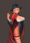  absurdres bi-gwang blonde_hair blue_eyes breasts cape card cleavage cowboy_shot dice dice_earrings fedora framed_breasts grey_background hat herowarz highleg highleg_leotard highres large_breasts leotard long_hair looking_at_viewer mole mole_under_mouth playing_card red_cape simple_background smile solo tamidro thighs 