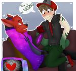  &lt;3 2016 amber_eyes bulge canine clothed clothing cup erection fox fur hair hat hoodie human hybrid ivanafox11 leafy male male/male mammal pyrocynical red_fur smile smirk snout suggestive teeth translucent 