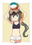  1girl armpits arms_up ball beachball black_hair bow constanze_amalie_von_braunschbank-albrechtsberger goggles goggles_on_head hair_bow holding little_witch_academia long_ponytail nakkasu short_shorts shorts solid_eyes solo tank_top thigh_gap 