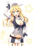  belt blonde_hair blue_eyes breasts cleavage cowboy_shot elbow_gloves fingerless_gloves front-tie_top garter_straps gloves highres iowa_(kantai_collection) kantai_collection komeshitsu large_breasts long_hair miniskirt open_mouth skirt solo star star-shaped_pupils starry_background striped symbol-shaped_pupils thighhighs vertical_stripes 