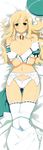  absurdres ass_visible_through_thighs bare_shoulders blonde_hair breast_hold breast_squeeze breasts cleavage dakimakura detached_sleeves garter_belt gloves green_eyes hat hat_removed headwear_removed highres large_breasts long_hair navel official_art puffy_detached_sleeves puffy_sleeves ribbon-trimmed_collar ribbon-trimmed_gloves ribbon-trimmed_legwear ribbon-trimmed_sleeves ribbon_trim scan senran_kagura solo thigh_gap thighhighs thighs white_gloves white_legwear yaegashi_nan yomi_(senran_kagura) 