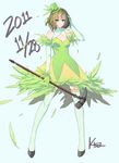  2011 blue_eyes breasts cleavage dated elbow_gloves full_body gloves green_eyes hat heterochromia idolmaster idolmaster_cinderella_girls k52 lime_green_feather medium_breasts microphone short_hair sketch solo takagaki_kaede 