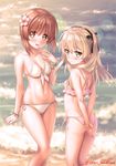  amakusa_tobari ass bikini blonde_hair breasts brown_eyes brown_hair cleavage flower girls_und_panzer hair_flower hair_ornament hairband long_hair medium_breasts multiple_girls nishizumi_miho ocean shimada_arisu short_hair small_breasts standing swimsuit waves 