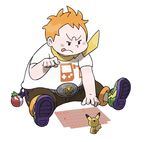  absurdres belt blush_stickers commentary fat highres hologram holographic_keyboard keychain maamane_(pokemon) male_focus official_art orange_hair pokemon pokemon_(game) pokemon_sm shirt shoes sitting sneakers solo sugimori_ken t-shirt tongue tongue_out trial_captain 