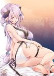 anklet ass bare_arms barefoot bed_sheet bikini blue_eyes braid breasts butterfly_earrings double_bun draph earrings frilled_bikini frills granblue_fantasy hair_ornament hair_over_one_eye hairclip hand_on_own_thigh holding holding_sword holding_weapon horns jewelry kirishima_satoshi large_breasts lavender_hair long_hair looking_at_viewer low-tied_long_hair narmaya_(granblue_fantasy) on_bed pointy_ears side-tie_bikini sitting skindentation smile soles solo swimsuit sword thigh_strap translation_request unsheathed weapon white_bikini yokozuwari 