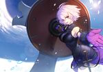  armor azusa_(hws) black_armor bodysuit breasts fate/grand_order fate_(series) hair_over_one_eye large_breasts mash_kyrielight purple_eyes purple_hair reaching_out shield short_hair solo 