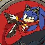  boots clothing coat cosplay egg_mobile eyewear footwear goggles green_eyes hand_behind_head hand_on_foot hedgehog looking_at_viewer lying male mammal open_mouth pose raised_leg solo sonic_(series) sonic_the_hedgehog unknown_artist 