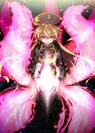  black_dress blonde_hair chima_q chinese_clothes dress energy highres junko_(touhou) long_hair long_sleeves looking_at_viewer outstretched_arms red_eyes ribbon smirk solo tabard tail touhou yellow_ribbon 