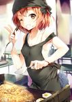  apron bandana breasts brown_hair cooking covered_nipples denim egg fried_egg griddle grin highres jeans looking_at_viewer one_eye_closed original pants short_hair shuffle_(songdatiankong) small_breasts smile solo spatula sweat teeth v yakisoba yellow_eyes 