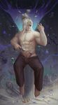  1boy abs bara erection gangsta looking_at_viewer male_focus muscle pecs penis sitting smile solo tagme topless undressing weapon 