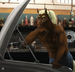  abs anthro belly biceps brown_eyes car clothed clothing detailed_background equine front_view garage hair hi_res horse jeans looking_at_viewer male mammal manly mature_male mechanic muscular muscular_male nipples pants pecs ponytail pose relaxing rov solo standing tools topless vehicle white_hair workshop 