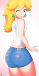  1girl ass blonde_hair blue_eyes blush earrings from_behind heart jeans large_ass lips long_hair princess_peach shorts solo standing super_mario_bros thighs wink 