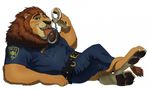  2016 anthro badge clothing disney feline handcuffs leodore_lionheart licking lion looking_at_viewer lying male mammal name_tag police rossciaco seductive shackles solo tongue tongue_out uniform zootopia 