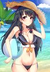  adapted_costume ball bare_arms beachball bikini bikini_under_clothes black_bikini black_hair breasts cleavage cloud cloudy_sky collarbone crop_top day duuwa_(doluwa) hand_on_headwear hat holding holding_ball isokaze_(kantai_collection) kantai_collection light_particles long_hair looking_at_viewer medium_breasts navel ocean outdoors palm_leaf palm_tree red_eyes sailor_bikini sailor_collar school_uniform serafuku sky solo stomach straight_hair straw_hat sunlight swimsuit tree upper_body water 