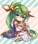  artemis_(p&amp;d) blush breasts cape cleavage green_eyes green_hair jewelry long_hair marshmallow_mille medium_breasts necklace ponytail puzzle_&amp;_dragons sandals sitting smile solo tiara 