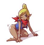  ;p all_fours bandana barefoot black_eyes blonde_hair bottomless breasts breasts_outside dark_nipples dark_skin grey_eyes neckerchief nipples one_eye_closed open_clothes open_vest pointy_ears pubic_hair simple_background small_breasts solo tetra the_legend_of_zelda the_legend_of_zelda:_the_wind_waker tongue tongue_out vest white_background wrist_wrap xanemonium 