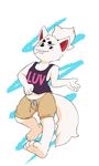  abstract_background anthro barefoot blush bulge canine clothed clothing clothing_lift eroborus fox front_view kitsune_(ero) male mammal midriff shirt shirt_lift shorts smile solo tank_top toothpick walking 