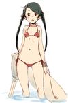  arms_at_sides bad_id bad_twitter_id bangs bikini black_hair blush bracelet breasts brown_eyes commentary_request cowboy_shot hair_ribbon jewelry kantai_collection kawata_hisashi long_hair looking_at_viewer mikuma_(kantai_collection) navel open_mouth red_bikini ribbon side-tie_bikini sketch small_breasts solo string_bikini swept_bangs swimsuit turret twintails very_long_hair wading water white_background wide_hips 