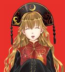  :d ^_^ black_dress blonde_hair chinese_clothes closed_eyes commentary_request crescent dress facing_viewer hands_in_opposite_sleeves hat junko_(touhou) kyuu_umi long_hair long_sleeves open_mouth red_background smile solo tabard touhou upper_body wavy_hair wide_sleeves 
