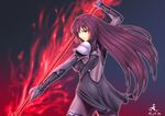  &gt;:( 210ten aura bodysuit breasts commentary_request cowboy_shot dated fate/grand_order fate_(series) frown gae_bolg hair_intakes holding holding_weapon large_breasts long_hair looking_at_viewer pauldrons polearm purple_bodysuit purple_hair red_eyes scathach_(fate)_(all) scathach_(fate/grand_order) signature solo spear v-shaped_eyebrows very_long_hair weapon 