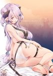  anklet ass bare_arms barefoot bed_sheet bikini blue_eyes braid breasts butterfly_earrings double_bun draph earrings frilled_bikini frills granblue_fantasy hair_ornament hair_over_one_eye hairclip hand_on_own_thigh holding holding_sword holding_weapon horns jewelry kirishima_satoshi large_breasts lavender_hair long_hair looking_at_viewer low-tied_long_hair narmaya_(granblue_fantasy) on_bed pointy_ears see-through side-tie_bikini sitting skindentation smile soles solo swimsuit sword thigh_strap translation_request unsheathed weapon white_bikini yokozuwari 