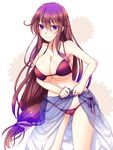  bare_shoulders bikini blue_sarong breasts cleavage collarbone dahlia_(flower_knight_girl) eyebrows eyebrows_visible_through_hair flower_knight_girl gradient_sarong large_breasts leaning leaning_forward long_hair low-tied_long_hair purple_bikini purple_eyes purple_hair sarong see-through see-through_silhouette side-tie_bikini simple_background smile solo sotogawa_max swimsuit translucent_sarong very_long_hair 