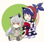  animal_ears astronaut blue_hair buna_shimeji_(keymush) commentary_request doremy_sweet flower hat hat_removed headwear_removed holding holding_hat kishin_sagume multiple_girls nightcap pikmin_(series) pom_pom_(clothes) short_hair silver_hair simple_background smile socks tail tapir_ears tapir_tail touhou wings 
