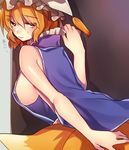  against_wall blonde_hair breasts eyebrows eyebrows_visible_through_hair eyes_visible_through_hair from_side hair_between_eyes hat highres large_breasts leaning_forward looking_at_viewer multiple_tails naked_tabard pillow_hat renka_(sutegoma25) short_hair solo tabard tail touhou upper_body yakumo_ran yellow_eyes 