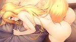  all_fours animal_ears anus aristear_remain ass bed_sheet black_legwear blonde_hair blush breasts censored fox_ears fox_tail game_cg kanzaki_eruza large_breasts long_hair looking_back mosaic_censoring nipples nude open_mouth orange_eyes pillow rozea_(graphmelt) sheet_grab solo tail thighhighs 