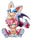  amy_rose annoyed anthro bat blush breasts breasts_on_head clothing coolblue eyelashes female footwear gloves hairband half-closed_eyes hands_on_face hedgehog high_heels levitating mammal nipples rouge_the_bat shoes simple_background sitting smile sonic_(series) spreading sweat 