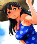  black_hair blue_swimsuit breasts casual_one-piece_swimsuit edih hat kantai_collection large_breasts lips long_hair one-piece_swimsuit polka_dot polka_dot_swimsuit smile solo sun_hat swimsuit ushio_(kantai_collection) yellow_eyes 