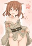  alternate_costume areola_slip areolae bandaid bandaid_on_pussy bare_shoulders blush breasts brown_hair character_name clothes_lift collarbone earrings hair_ornament hairclip heart heart_earrings highres ikazuchi_(kantai_collection) japanese_clothes jewelry kantai_collection kimono kimono_lift long_sleeves looking_at_viewer no_bra no_panties obi off_shoulder okiraku_nikku open_clothes open_kimono open_mouth sash short_hair small_breasts solo spoken_heart teeth wide_sleeves 