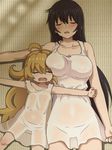  ahoge amaama_to_inazuma awa black_hair blonde_hair blush breast_press breasts closed_eyes covered_nipples dress flat_chest iida_kotori inuzuka_tsumugi large_breasts long_hair lying multiple_girls no_bra on_back open_mouth outstretched_arms pantylines see-through sleeping spread_arms sweat tatami very_long_hair white_dress 
