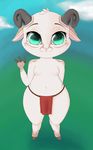  2016 absurd_res anthro breasts caprine clothed clothing cloven_hooves eyelashes female fur goat hi_res hooves horn inner_ear_fluff its-spot loincloth looking_at_viewer mammal markings navel signature simple_background smile solo standing thick_thighs topless white_fur 