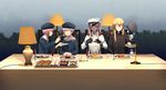  alternate_costume bangs bismarck_(kantai_collection) black_coat black_gloves black_hat blonde_hair blue_eyes blunt_bangs breasts cable cake chair character_name closed_eyes cup double-breasted doughnut drinking_glass feeding food fork gloves graf_zeppelin_(kantai_collection) grey_background hat hat_removed headwear_removed highres holding holding_cup holding_hat holding_plate kantai_collection lamp light long_hair long_sleeves medium_breasts muffin multiple_girls own_hands_together plate profile red_hair sailor_collar short_twintails sidelocks silver_hair simple_background sitting slice_of_cake tablecloth touyama_eight twintails upper_body white_gloves wine_glass z1_leberecht_maass_(kantai_collection) z3_max_schultz_(kantai_collection) 