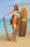  beach bikini brown_hair commentary concept_art day flower hair_flower hair_ornament ironstylus league_of_legends leona_(league_of_legends) long_hair official_art pool_party_leona sandals sarong sunflower_hair_ornament surfboard swimsuit teemo umbrella very_long_hair 