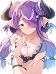  bare_arms bikini blue_eyes braid breasts butterfly_earrings cleavage closed_mouth double_bun draph dripping eyebrows eyebrows_visible_through_hair eyelashes feeding food_on_body granblue_fantasy hair_over_one_eye holding holding_spoon horns huge_breasts lock long_hair narmaya_(granblue_fantasy) padlock pointy_ears pov_feeding seiza shade simple_background sitting smile solo spoon swimsuit thigh_gap ultone_(neisiss) weapon white_bikini 