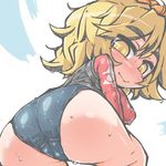  :&gt; ass black_hair blonde_hair blush eyebrows hair_ornament kureha_mitsushige long_sleeves multicolored_hair rash_guard short_hair solo swimsuit thick_eyebrows toramaru_shou touhou trefoil two-tone_hair wavy_mouth wet yellow_eyes 