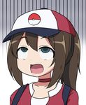  ahegao baseball_cap brown_hair choker commentary_request female_protagonist_(pokemon_go) green_eyes hat long_hair masara masara_ahegao open_mouth pokemon pokemon_go ponytail solo upper_body 