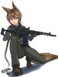  a545 animal_ears artist_name assault_rifle blue_eyes braid brown_hair commentary dated dreadtie gloves gun highres holding holding_gun holding_weapon load_bearing_vest long_hair looking_at_viewer open_mouth original ponytail rifle shadow simple_background solo svetlana_nestrovna_sorokina sweater tail trigger_discipline weapon white_background 