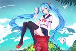 aqua_eyes blue_hair crop_top envelope flower full_body hair_flower hair_ornament hatsune_miku japanese_cylindrical_postbox japanese_postal_mark long_hair looking_at_viewer microskirt midriff n2co navel postbox_(outgoing_mail) red_footwear revision school_uniform shoes sitting skirt solo thighhighs twintails very_long_hair vocaloid 