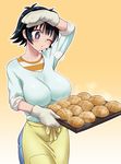  aoi_chiharu apron beyblade beyblade:_burst black_hair bread breasts food large_breasts mittens one_eye_closed purple_eyes solo tray waist_apron wanao wiping_sweat 