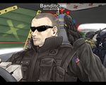  american_flag brand_name_imitation camouflage commentary_request driving face_mask gloves goggles gun hand_up helmet laser_sight machine_gun mask multiple_boys mute_(rainbow_six_siege) pulse_(rainbow_six_siege) rainbow_six_siege ryuuichi_(f_dragon) shaved_head sunglasses tachanka_(rainbow_six_siege) tactical_clothes tank_(container) vehicle_interior weapon 